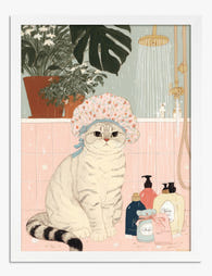 Cat in the Bath Routine Art Print White