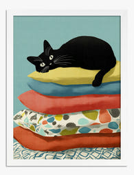 Catnap on Colorful Pillows Art Print - White