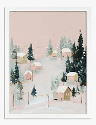 Snowy Village Glow Art Print - White