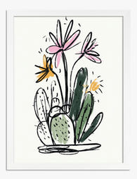 Playful Cactus Blooms Art Print - White