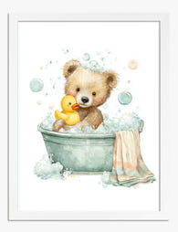 Bathtime Bear Joy Art Print - White