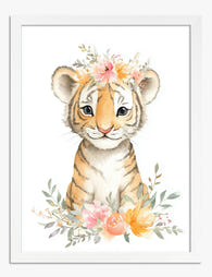 Floral Crown Tiger Cub Art Print - White