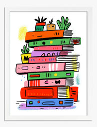 Colorful Book Stack Art Print White