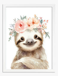 Floral Crowned Sloth Art Print - White