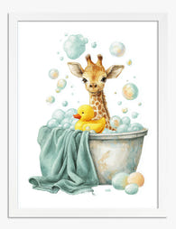 Giraffe Bubble Bath Joy Art Print - White