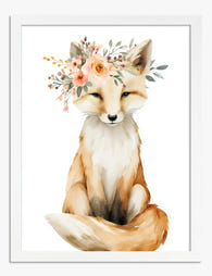 Fox with Floral Crown Art Print - White