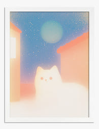 Moonlit Neon Cat Glow Art Print - White