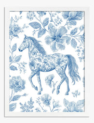 Blue Floral Horse Elegance Art Print White