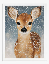 Snowy Fawn Portrait Art Print - White