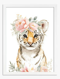 Floral Crown Tiger Cub Art Print - White