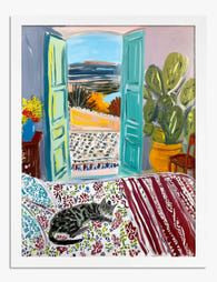 Sunlit Retreat with Cat Art Print - White