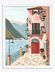 Serene Pink Lakeside Villa Art Print - White