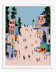 Sunlit Village Stroll Art Print - White