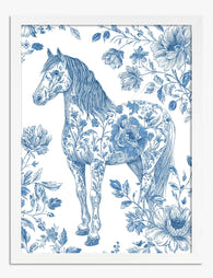 Blue Floral Horse Elegance Art Print White