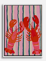Playful Lobsters on Stripes Canvas Print White