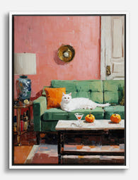Cozy Cat & Autumn Lounge Canvas Print White