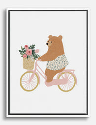 Bear on a Pink Bicycle Canvas Print White