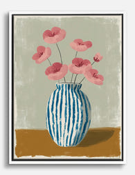 Striped Vase & Poppies Canvas Print - White