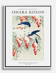 Koson Bluebirds & Red Berries Canvas Print White