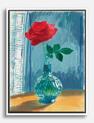 Single Rose in Blue Vase Canvas Print - White