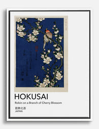 Hokusai Cherry Blossom Robin Canvas Print White
