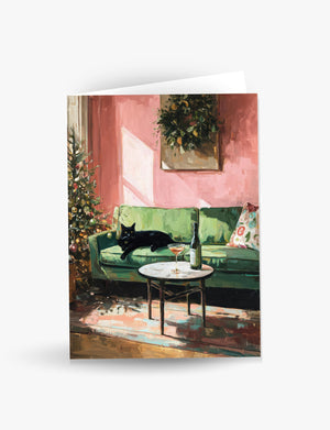 Cat on Green Sofa – Cozy Holiday Card