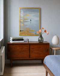 Poster gouden rust met zachte blauwtinten