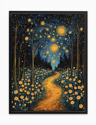 Starry Night Forest Path Canvas Print Black Frame