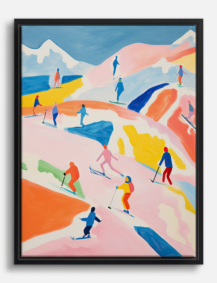 Vibrant Skiers Painting Canvas Print Black