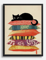 Cat Nap on Colorful Pillows Canvas Print Black