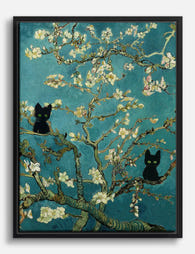 Van Gogh Almond Blossoms & Cats Canvas Print Black
