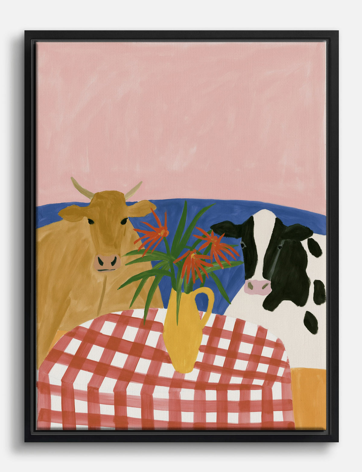 Two Cows and a Yellow Jug Canvas Print Black