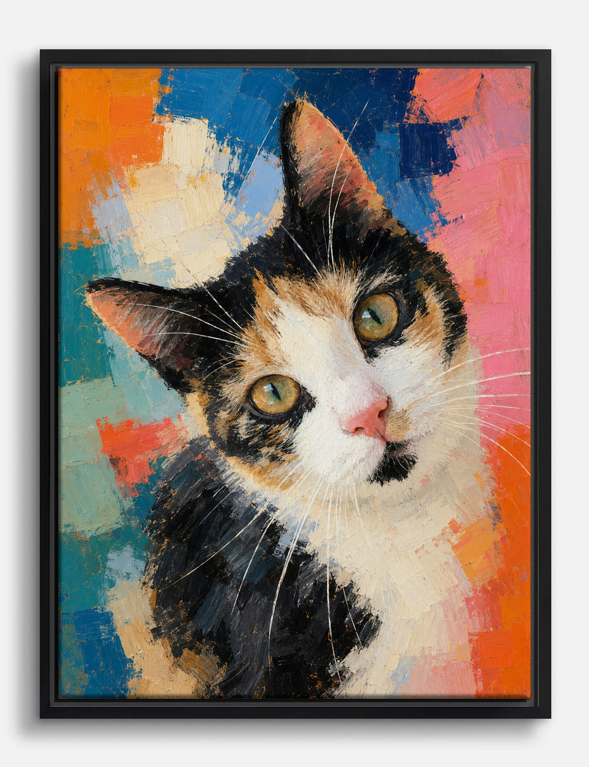 Calico Cat in Colour Blocks Canvas Print Black