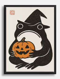Witchy Frog & Pumpkin Canvas Print Black