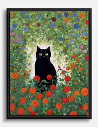 Klimt Inspired Black Cat Garden Canvas Print Black