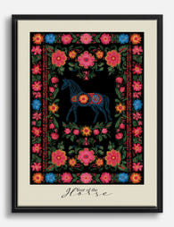 Year of the Horse Floral Tapestry Canvas Print Black