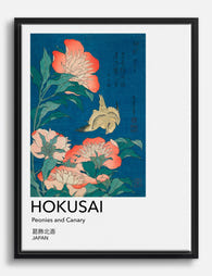 Hokusai Peonies & Canary Canvas Print Black