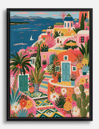 Santorini Sunburst Village Canvas Print Black