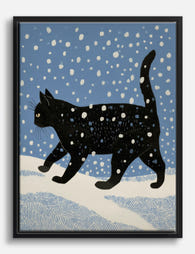 Snowy Night Cat Stroll Canvas Print Black