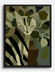 Striped Cat in Olive Leaves Canvas Print Black