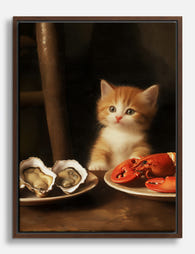 Kitten & Seafood Still Life Canvas Print - Brown