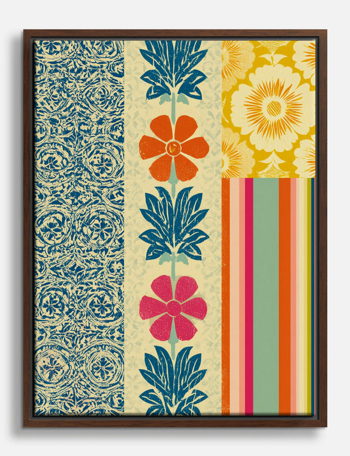 Summer Block Print Patchwork Canvas Print Brown