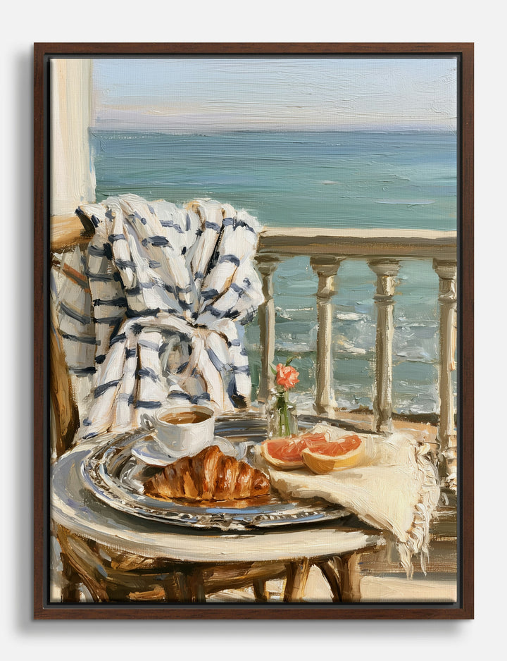 Seaside Balcony Breakfast Canvas Print Brown