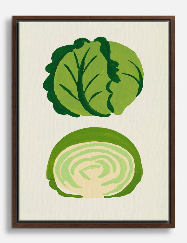 Two Cabbages, Whole and Halved Canvas Print Brown