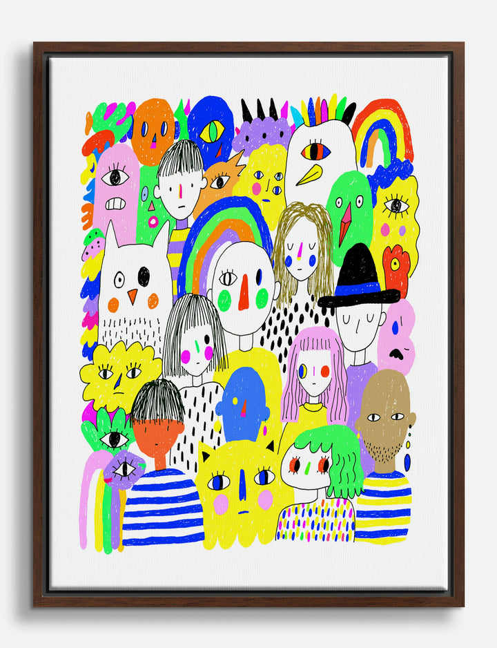 Bright Doodle Crowd Canvas Print Brown