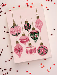 Pink and Green Holiday Baubles Card