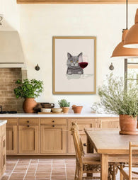 Lámina gato gris con copa de vino tinto