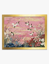 Pink Crane Garden Art Print Gold
