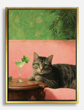 Cozy Cat & Cocktail Canvas Print Gold