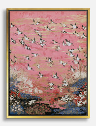 Pink Japanese Crane Migration Canvas Print Gold